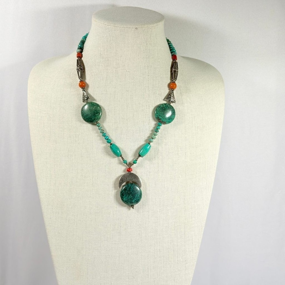Vintage Turquoise Necklace Sterling Silver Beads 20" with a 2" Drop - Picture 3 of 12